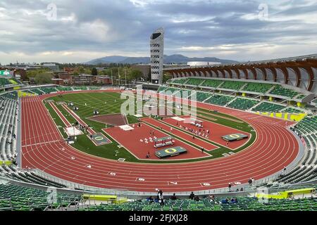 A general view of Hayward Field on the campus of the University of Oregon, Friday, April 23, 2021, in Eugene, Ore. The stadium will serve as the site Stock Photo