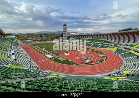 A general view of Hayward Field on the campus of the University of Oregon, Friday, April 23, 2021, in Eugene, Ore. The stadium will serve as the site Stock Photo