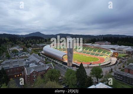 An aerial view of Hayward Field on the campus of the University of Oregon, Friday, April 23, 2021, in Eugene, Ore. The stadium will serve as the site Stock Photo