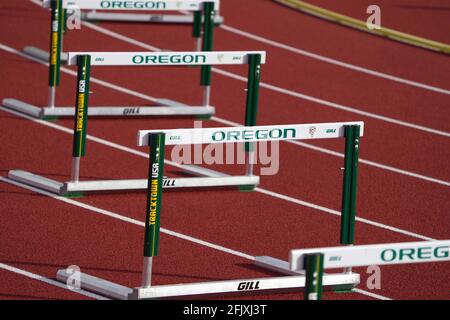 A detailed view of hurdles on the track at Hayward Field on the campus of the University of Oregon, Friday, April 23, 2021, in Eugene, Ore. The stadiu Stock Photo