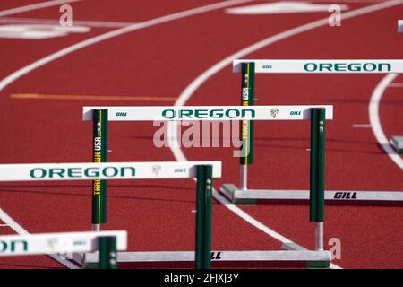 A detailed view of hurdles on the track at Hayward Field on the campus of the University of Oregon, Friday, April 23, 2021, in Eugene, Ore. The stadiu Stock Photo