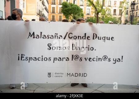 Madrid, Spain. 26th Apr, 2021. Demonstrators hold a banner during the demonstration to ask that the cultural centers of Madrid not be closed. Credit: SOPA Images Limited/Alamy Live News Stock Photo