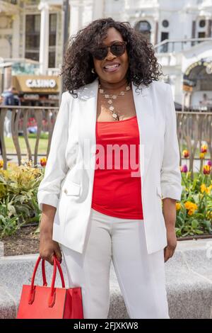 London, UK. 26th Apr, 2021. Radio Presenter, Angie Greaves, celebrates her birthday today by having photo's taken in London's Leicester Square. Credit: SOPA Images Limited/Alamy Live News Stock Photo
