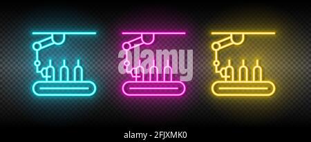 assembly line, conveyor belt, production neon icon set Stock Vector