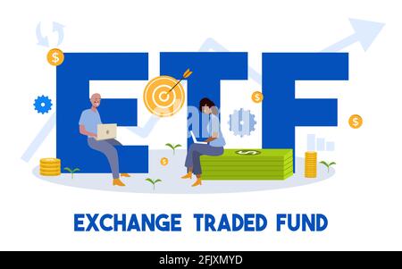 exchange traded fund concept man and woman working on laptop sit on money dollar currency ETF word around target gear coin icon with cartoon flat Stock Vector