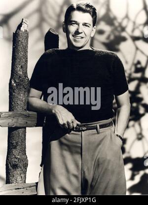 1947 ca.  , Los Angeles , USA : The future USA President , the movie actor  RONALD REAGAN ( 1911 - 2004  ) , pubblicity studio still - ATTORE - CINEMA - smile - sorriso - belt - cintura - beefcake   ----  Archivio GBB Stock Photo