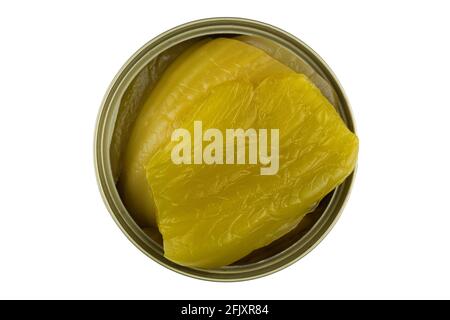 Pickled mustard green in brine, preserved vegetable in salted water in can, isolate on white background, top view Stock Photo