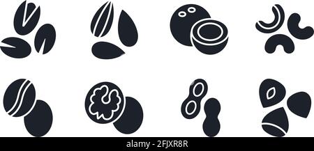 Nuts icon set. Black isolated silhouette. Fill solid icon. Modern design. Almond cashew coffee hazelnut peanut pistachios walnut coconut vector Stock Vector
