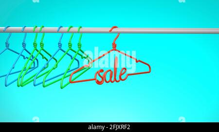 Clothes hanger with the inscription SALE on a green background. 3d render. Stock Photo