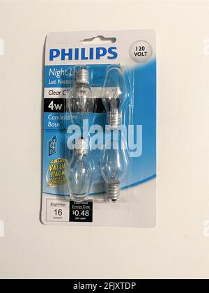 A pack of Philips brand night light bulbs, clear, 120 volts. Energy saving bulbs. Stock Photo
