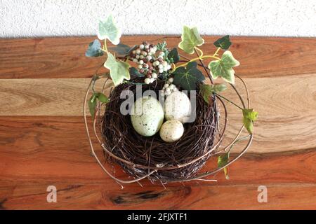 Spring illustration. 3 small colored eggs in a pine nest for Easter time, green leaves and twigs all around on wooden table Stock Photo