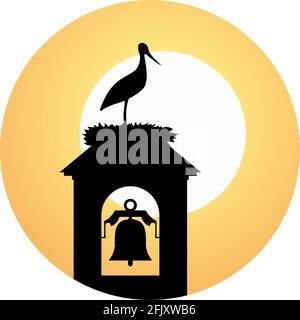 stork in tower bell illustration Stock Vector