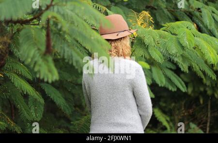 A woman standing in the middle of trees in a forest wearing a hat, with curly blonde hair. Water drops can be seen on the leaves. Robins park in Davie Stock Photo