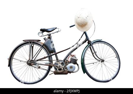 Retro styled of bicycle and classic white hat isolated on a white background.Saved with clipping path. Stock Photo
