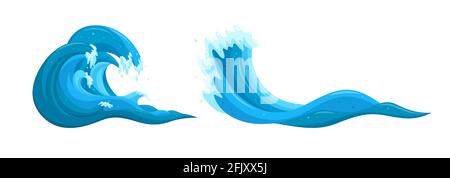 Flooing water elements. Ocean tsunami waves set. Cartoon vector illustrations isolated on white background Stock Vector