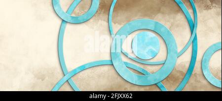 marbled blue circles on brown watercolor background in abstract design, trendy terracotta and cerulean blue colors and painted texture, overlapping sh Stock Photo