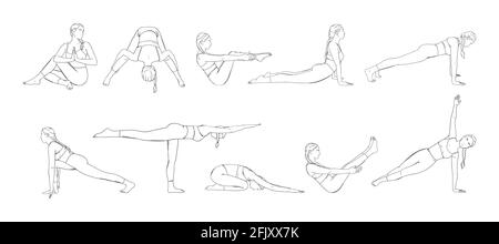 Yoga asana set with woman in different poses. Yogi girl full body workout including core muscles, legs and arms. Sketch vector illustration isolated Stock Vector