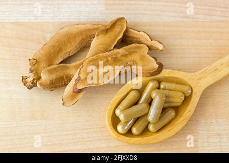 Herbal Lingzhi medicine in capsule next to sliced dried Reishi. It is medicinal mushroom in traditional Chinese medicine Stock Photo