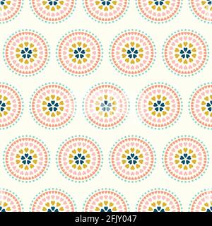 Geometric heart pattern. Cute and colourful vector seamless repeat of hearts and spots in a circular mandala.  Stock Vector