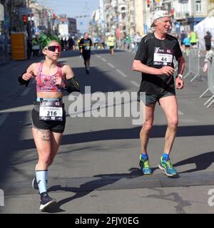 Non Exclusive: KYIV, UKRAINE - APRIL 25, 2021 - Runners are seen during the Kyiv Euro Marathon 2021 taking place in Kyiv, capital of Ukraine, for the Stock Photo