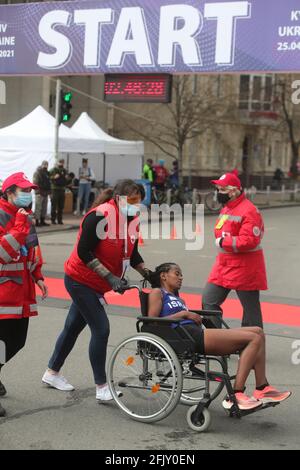 Non Exclusive: KYIV, UKRAINE - APRIL 25, 2021 - Mintamir Bikaya of Israel has claimed silver in the women's marathon during the Kyiv Euro Marathon 202 Stock Photo