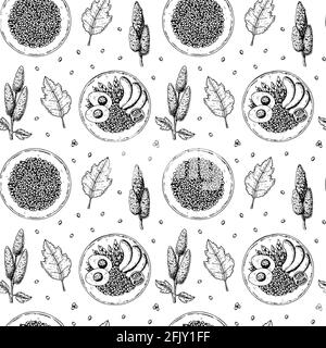 Hand drawn seamless pattern with quinoa bowls. Vector illustration in sketch style Stock Vector