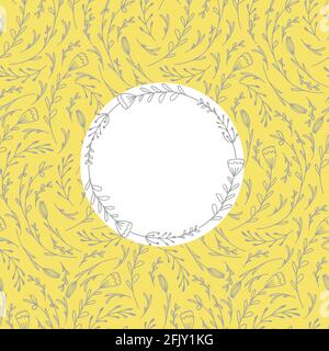 Square card with bright summer pattern with doodle flowers on yellow background and white circle copy space. Vector template with rustic curls of herb Stock Vector