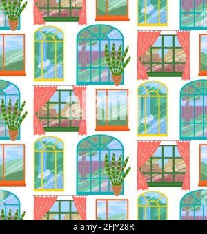 Seamless childrens bright texture of various windows with plant and curtain on white background. Wallpaper of facade with windows with different views Stock Vector
