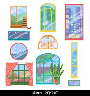 Set of different cartoon windows with curtains, a cat, plants and a different look. Vector stickers with architecture elements. Interior objects of va Stock Vector