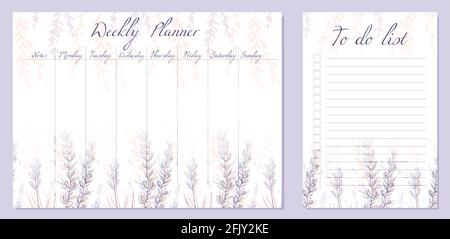 Set of day organization templates with sketch flowers and and herbs. Weekly planner and to do list. Vector cards with natural rustic pattern. Setting Stock Vector