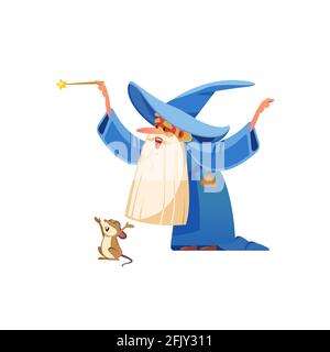 Cartoon wizard character. Old witch man in wizards robe, magician warlock and magic medieval sorcerer merlin, male witchcraft in hat and mantle Stock Vector