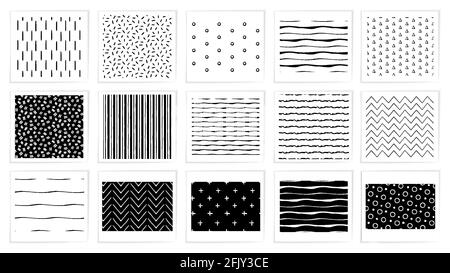Seamless strokes hand made pattern set. 20 black white vector patterns for web, fabric, wrapping paper Stock Vector