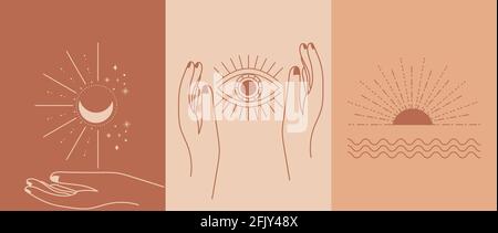 Set of mystic boho illustrations. Vector magic line art poster with hands, moon, star, and eye. Design logo for cosmetics, beauty, tattoo, Spa, manicu Stock Vector