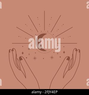 Vector abstract logo design template in trendy linear boho style. Women hands, moon, sun and stars. Design for cosmetics and packaging, jewellery, han Stock Vector