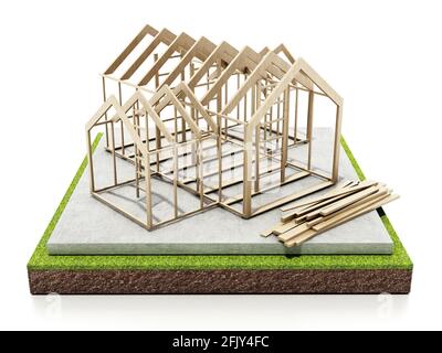 Wooden house structure on concrete base. 3D illustration. Stock Photo