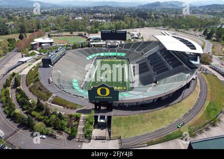 An aerial view of Autzen Stadium on the campus of the University of Oregon, Friday, April 23, 2021, in Eugene, Ore. The stadium is the home of the Ore Stock Photo