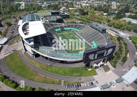 An aerial view of Autzen Stadium on the campus of the University of Oregon, Friday, April 23, 2021, in Eugene, Ore. The stadium is the home of the Ore Stock Photo