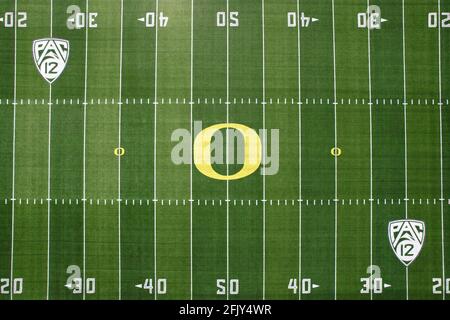 A general view of the Oregon Ducks logo at midfield at Autzen Stadium on the campus of the University of Oregon, Friday April 23, 2021, in Eugene, Ore Stock Photo