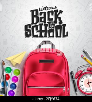 Back to school vector background design. Welcome back to school in empty space for text with educational items like bag, water color, alarm clock Stock Vector