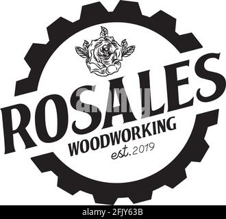 Rosales woordworking logo with gear and rose vector template Stock Vector