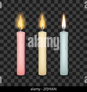 Set of three vector realistic burning tall candles isolated on transparent background Stock Vector