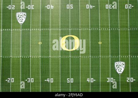 A general view of the Oregon Ducks logo at midfield at Autzen Stadium on the campus of the University of Oregon, Friday April 23, 2021, in Eugene, Ore Stock Photo