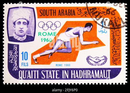 MOSCOW, RUSSIA - NOVEMBER 16, 2019: Postage stamp printed in Aden - Protectorates shows International Cooperation Year, Qu'aiti State in Hadhramaut se Stock Photo