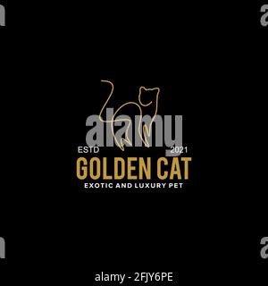 Mono line golden cat logo design vector template Stock Vector