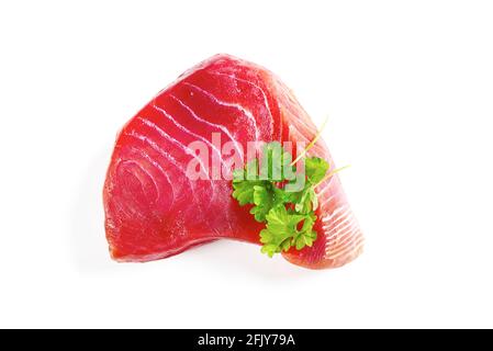 fresh yellowfin sliced tuna steak isolated on a white background. bluefin tuna medallions Stock Photo