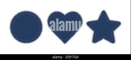 Denim circle, heart and star shapes with stitches. Torn jean patch with seam. Vector realistic illustration on white background Stock Vector