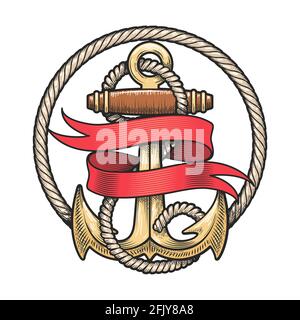 Colorful Anchor in Ropes and Red Ribbon. Vector  illustration Stock Vector