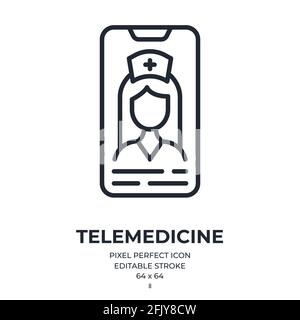 Virtual doctor and telemedicine concept editable stroke outline icon isolated on white background flat vector illustration. Pixel perfect. 64 x 64. Stock Vector