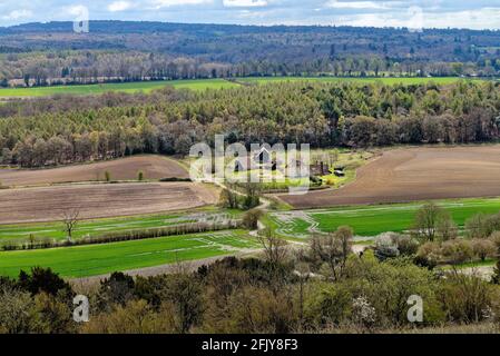 The elevated view looking south from White Downs in the Surrey Hills on a sunny spring day near Dorking Surrey England UK Stock Photo