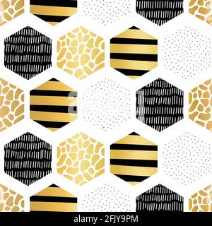 Golden hexagon seamless vector pattern. Abstract geometric honeycomb shapes with hand drawn doodle texture. Repeating modern background metallic gold Stock Vector